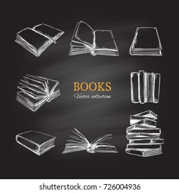 Books vector collection. Pile of books. Hand drawn illustration in sketch style. Library, Books shop. Chalkboard