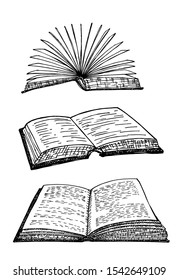 Books vector collection. Books set. Opened and closed books, single book isolated on white background. Hand drawn illustration in sketch style. Library, Books shop