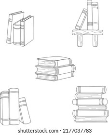 Books vector collection. Set pile of books. Hand drawn black and white illustration, lineart. Library, Books shop, Bookshelf