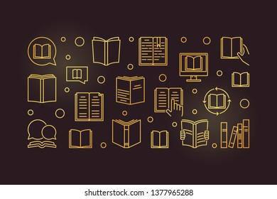 Books vector concept golden outline horizontal illustration or banner on dark background