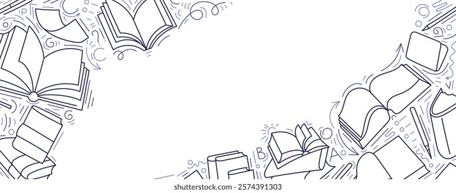 Books. Vector desk with textbooks encyclopedias. Learning education, piles of literature. Template on transparent background for lecture design. Minimal graphic illustration. Editable stroke