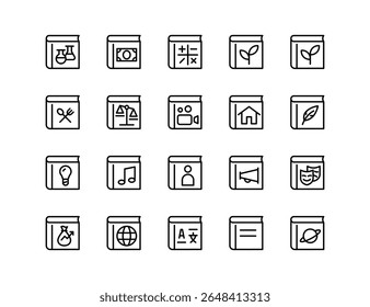 Books Vector Icon Set | Adjustable Line Weight | Science, math, music, literature, economics, geography, history, language, education, subject, textbook, syllabus, curriculum, student, learning icons