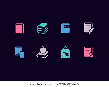 Books vector icon set. E-book, internet documents, online reading. Electronic books and reading mobile app icons.