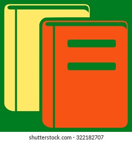 Books vector icon. Style is bicolor flat symbol, orange and yellow colors, rounded angles, green background.