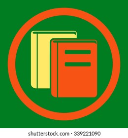 Books vector icon. Style is bicolor flat rounded symbol, orange and yellow colors, rounded angles, green background.