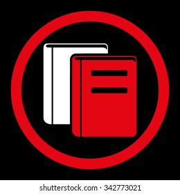 Books vector icon. Style is bicolor flat rounded symbol, red and white colors, rounded angles, black background.