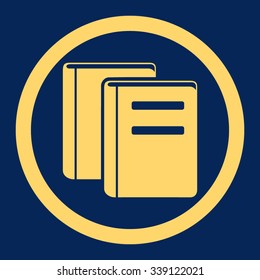 Books vector icon. Style is flat rounded symbol, yellow color, rounded angles, blue background.