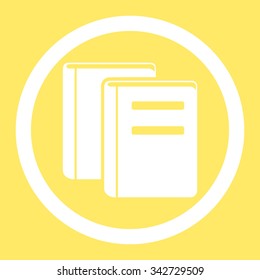 Books vector icon. Style is flat rounded symbol, white color, rounded angles, yellow background.