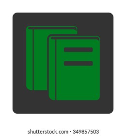 Books vector icon. Style is flat rounded square button, green and gray colors, white background.