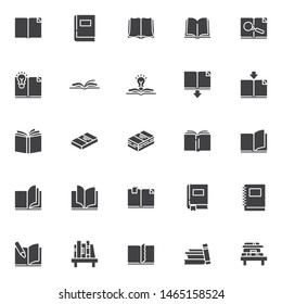 Books vector icons set, modern solid symbol collection filled style pictogram pack. Signs, logo illustration. Set includes icons as open book page with bookmark, textbook, notebook, library, bookshelf