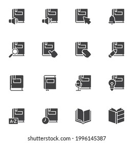 Books vector icons set, modern solid symbol collection, filled style pictogram pack. Signs, logo illustration. Set includes icons as open book pages, notebook with bookmark, audiobook, ebook
