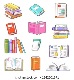 Books vector opened diary story-book and notebook on bookshelves in library or bookstore illustration set of bookish cover of school literature handbook isolated on white background