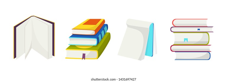 Books vector opened diary story-book and notebook on bookshelves in library or bookstore illustration set of bookish cover of school literature handbook isolated on background