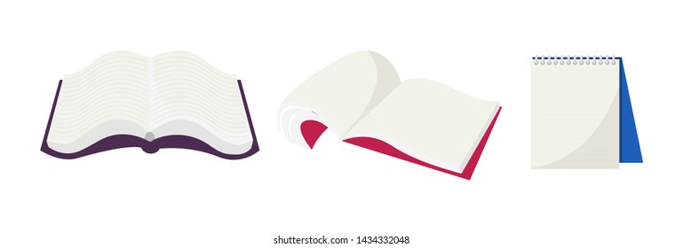 Books vector opened diary story-book and notebook on bookshelves in library or bookstore illustration set of bookish cover of school literature handbook isolated on background