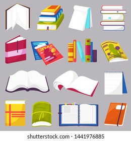 Books vector opened diary story-book and notebook on bookshelves in library or bookstore illustration set of bookish cover of school literature handbook isolated on background