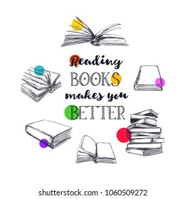 Books vector poster. Pile of books. Hand drawn illustration in sketch style. Library, Books shop concept