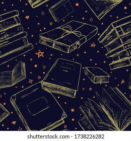 Books vector seamless pattern. Love of reading, vintage hand drawn background. Colorful abstract wallpaper in sketch style, boho. Design for wrapping paper, prints, fabric, textile, card, scrapbooking