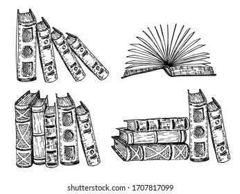 Bücher Vektorillustration Skizze Kollektion. Bücherbrett. Handgezeichnete Illustration im Skizzenstil. Bibliothek, Buchladen