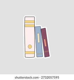 Books vector sticker. Hand-drawn illustration of three standing books for education, reading, and library-themed designs