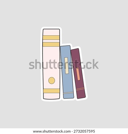 Books vector sticker. Hand-drawn illustration of three standing books for education, reading, and library-themed designs
