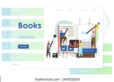 Books Vector Website Template, Web Page And Landing Page Design For Website And Mobile Site Development. Book Publishing Services Concept With Characters.