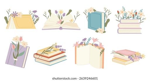 Books with vibrant flowers blooms bouquet opened, closed and stacked isolated set on white background. Library literature, education textbooks creative colorful design elements vector illustration
