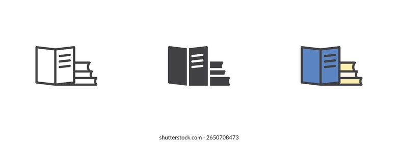 Libros con espinas visibles dispuestas en un conjunto de iconos de pila. Incluye versiones de líneas, contornos sólidos y rellenos. Icono de libro de Vector de lectura, estudio y aprendizaje.