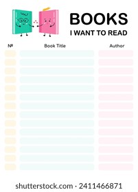 Books I want to read list, reading log, journal. Printable chart for book club, literature classes, school lessons, motivation for children to read every day , libraries. Bullet journal page.