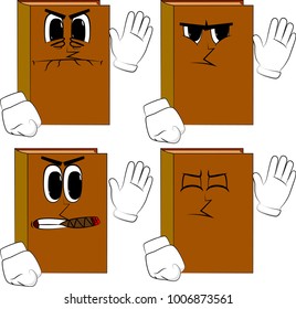 Books with waving hand. Cartoon book collection with angry faces. Expressions vector set.