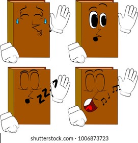 Books with waving hand. Cartoon book collection with angry faces. Expressions vector set.