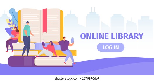 Books web banner for online library, knowledge and small people reading and study texbooks flat cartoon vector illustration for web education. Books with tiny people in online library webpage.