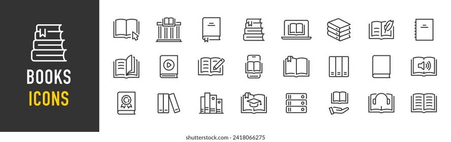 Libera iconos web en estilo de línea. Libro de audio, conocimiento, biblioteca, educación, lectura. Ilustración vectorial.