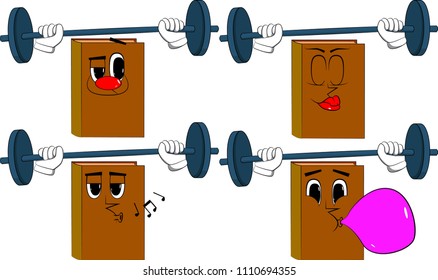 Books weightlifter lifting barbell. Cartoon book collection with various faces. Expressions vector set.