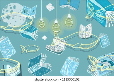 Books Whales Calm Background. Books and literature nature underwater design. Vector cartoon.