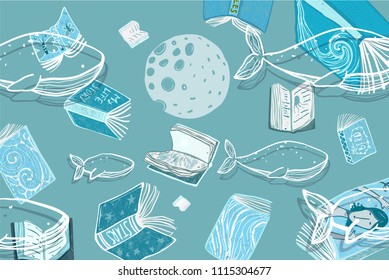 Books Whales and a Moon Background. Library literature underwater background design. Vector illustration.
