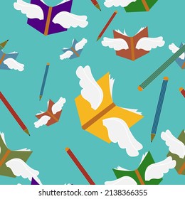 Libros con alas vuelan en cielo azul, de vuelta al concepto escolar.