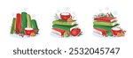 Books with winter decor. Set of reading elements for bookshop, library, bookstore or education. Vector illustration on white background for season banner, cover, advertising, sales.