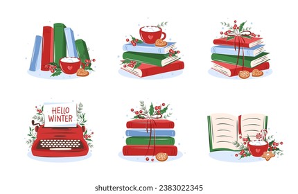 Books with winter decor. Set of reading elements for  bookshop, library, bookstore or education. Vector illustration on white background
