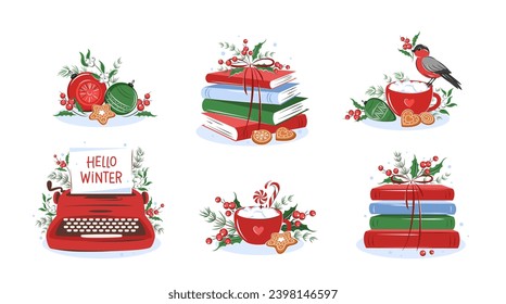 Books with winter decor. Set of reading elements for  bookshop, library, bookstore or education. Vector illustration on white background
