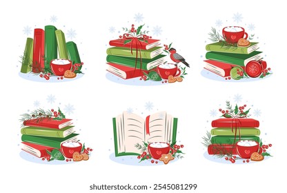 Libros con decoración de invierno. Conjunto de Elementos de lectura para librería, Biblioteca, librería o educación. Ilustración vectorial en el fondo blanco para el Anuncio de la estación, cubierta, publicidad, ventas.