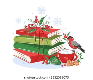 Libros con decoración de vacaciones de invierno. Diseño de diseño para librería, mercado, Biblioteca. Ilustración vectorial