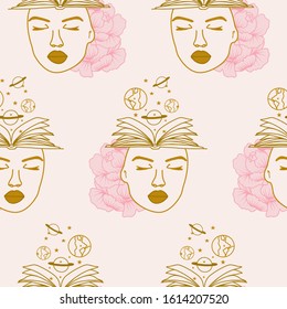 books, woman and celestial elements in a seamless pattern design, perfect to use on the web or in print