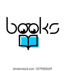 Books word logo with glasses, eyes and book illustration. Nerd reading the book line style elegant symbol. Love reading and gain knowledge from books conceptual icon. Adjustable stroke.