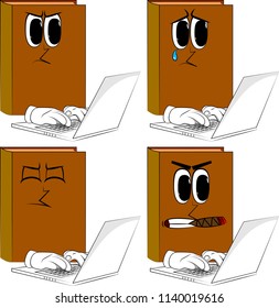 Books working with laptop. Cartoon book collection with angry and sad faces. Expressions vector set.