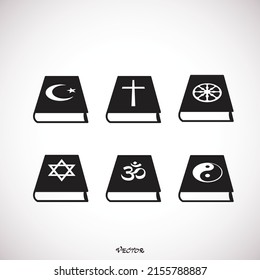 Books world religion. symbols of major religious groups and religions. Christianity, Islam, Hinduism, Buddhism, Taoism, Judaism. Illustration. Vector. Holy Bible Quran, Bhagavad Gita. Icon