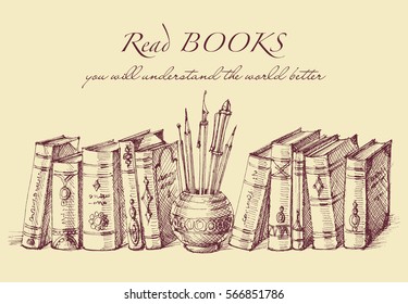 Books and writing tools in vintage style. Motivational text for reading and learning, education concept