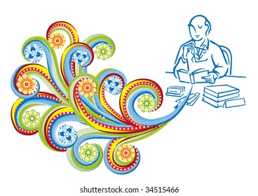 The bookseller in abstract collage. Format A4. Vector illustration. Isolated groups and layers. Global colors.