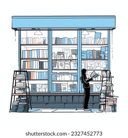 A bookseller arranging a window display in an old bookstore, vector illustration