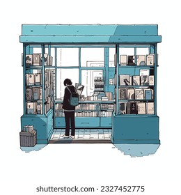 A bookseller arranging a window display in an old bookstore, vector illustration