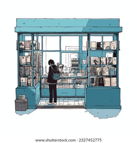 A bookseller arranging a window display in an old bookstore, vector illustration